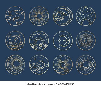 iconos de línea delgada de sol y luna dorados conjunto de vectores