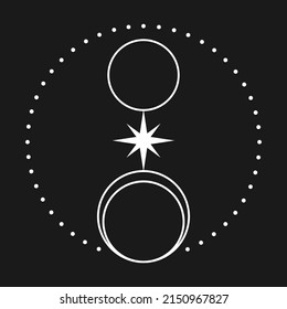 The sun and moon in graphic design. Simple minimalistic style. White objects isolated on black background.
