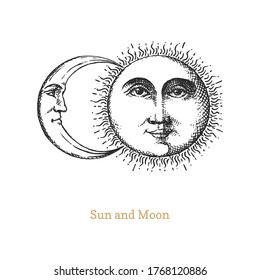 Sun and Moon, hand drawn in engraving style. Vector graphic retro illustrations. Vintage pastiche of esoteric and occult signs.