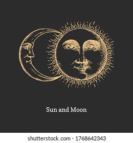 Sun and Moon, hand drawn in engraving style. Vector graphic retro illustrations. Vintage pastiche of esoteric and occult signs.