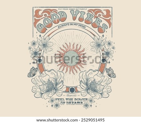 Sun and moon hand sketch. Butterfly with flower artwork for t shirt print, poster, sticker, background and other uses. Spring flower.