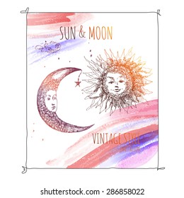 Sun and moon. Heavenly bodies day and night.Vector illustration. Drawing pen and ink on watercolor background.Symbolic image. Design invitations and cards.Vector.