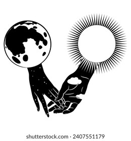 Sun and moon holding hands. Creative concept. Union of opposites. Black and white silhouette.