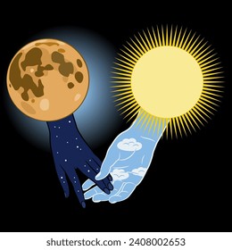 Sun and moon holding hands. Creative concept. Union of opposites. On black background.