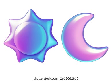 Sun and moon holographic 3d vector stickers. Night and day iridescent symbols isolated on white background.