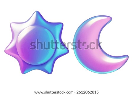 Sun and moon holographic 3d vector stickers. Night and day iridescent symbols isolated on white background.