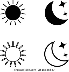 sun and moon icon design. Day and night icon. black day and night vector. outline and stroke style. Vector illustration