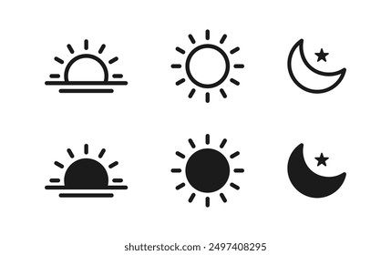 Sun moon icon illustration isolated vector sign symbol.Time of the day signs. silhouette icons. Morning and night. Day and night weather forecast symbol. Rising and setting sun, crescent moon and star