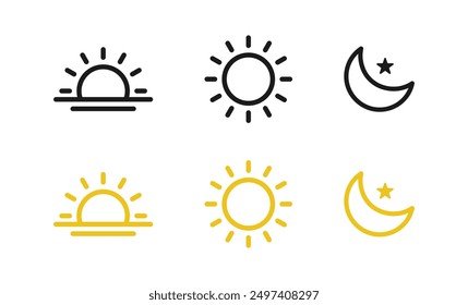 Sun moon icon illustration isolated vector sign symbol.Time of the day signs. silhouette icons. Morning and night. Day and night weather forecast symbol. Rising and setting sun, crescent moon and star