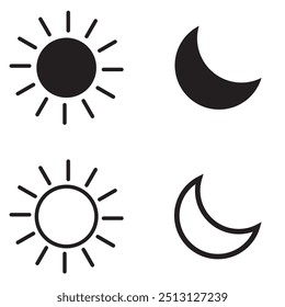 Sun moon icon illustration isolated on white background. Sun and moon icons, vector, silhouette. Sun and moon icon with stroke line. Day and night icon set. Vector illustration.