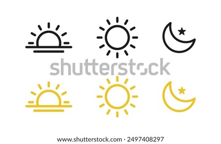 Sun moon icon illustration isolated vector sign symbol.Time of the day signs. silhouette icons. Morning and night. Day and night weather forecast symbol. Rising and setting sun, crescent moon and star