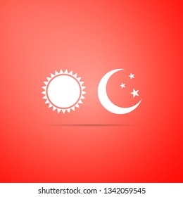 Sun and moon icon isolated on red background. Weather daytime and night. Flat design. Vector Illustration