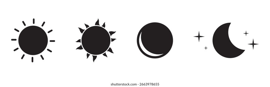 ícone sol e lua isolado no fundo branco. Dia e noite. Ilustração vetorial