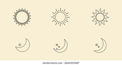Sonne- und Mondsymbol einzeln auf weißem Hintergrund. Tag und Nacht. Schwarze Farbe für Sonne und Mond. Vektorgrafik.