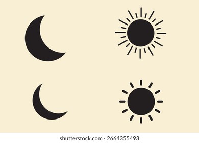 Icono del sol y de la luna aislado en el fondo blanco. Día y noche. Sol y luna de color negro. Ilustración vectorial.