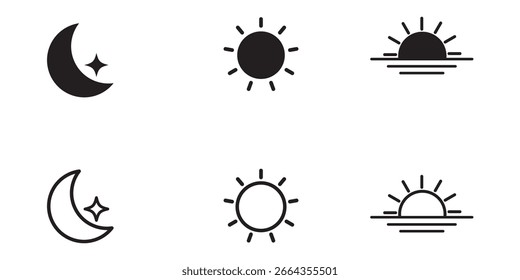 Sun and Moon icon isolated on white background. Day and night. Black color sun and moon. Vector illustration.