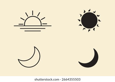 Sun and Moon icon isolated on white background. Day and night. Black color sun and moon. Vector illustration.