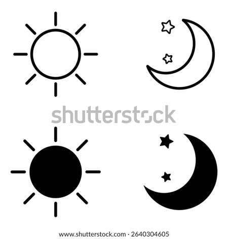 Sun and moon icon isolated on white background. Sun moon outline and silhouette icon symbol. Day and night weather forecast sign. Day and night sign. Vector illustration. 