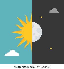 Sun and moon icon on day and night background for use in weather forecast or symbol, flat design vector