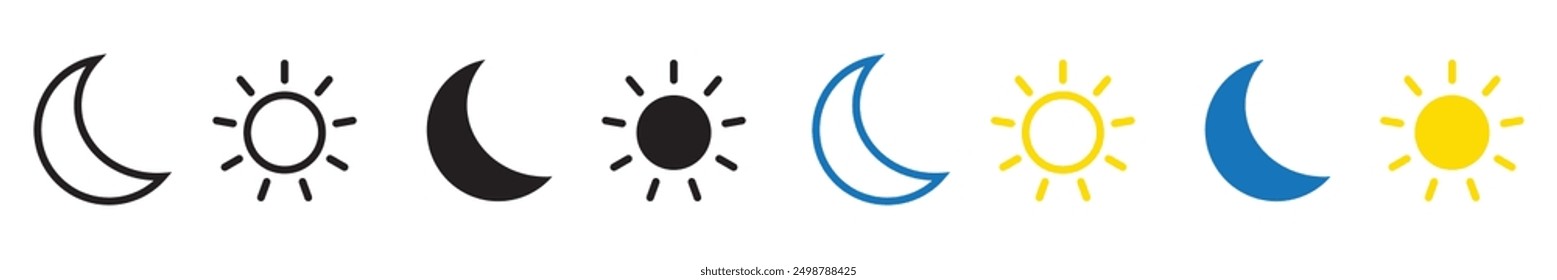 Sun and moon icon. Screen brightness and contrast level signs. Dark and light mode icons.