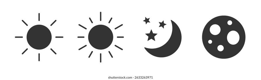 Conjunto de iconos de sol y luna. Día y noche. Signo de luna creciente y símbolo. Ilustración vectorial