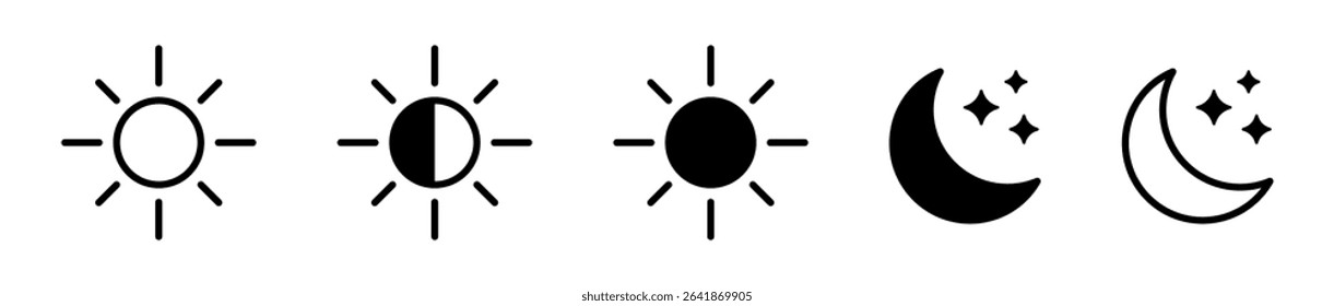 Sun and moon icon set. Day and night or dark and light mode icons. Brightness symbol.