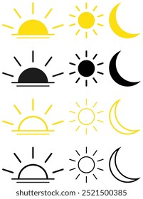 Sun and Moon icon set. Sparkle Icon Set of Moon and Sun. Day and night icon set. Dark and light mode. Screen brightness and contrast level signs and symbols for app user interface and web elements