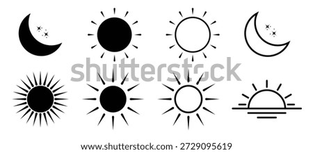 Sun And Moon Icon Set With Stars And Horizon For Design Projects.