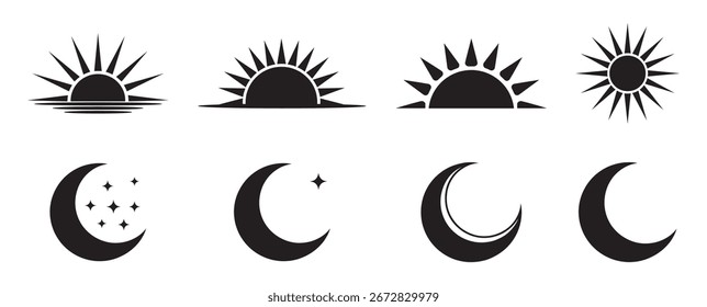 Sun and Moon Icon Set Sunrise, Sunset, Night, Star, Crescent Vector Symbols	