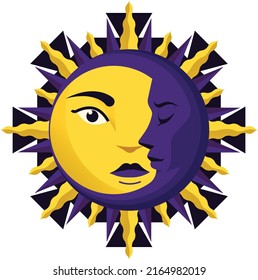 Sun moon icon stylized faces yellow violet 