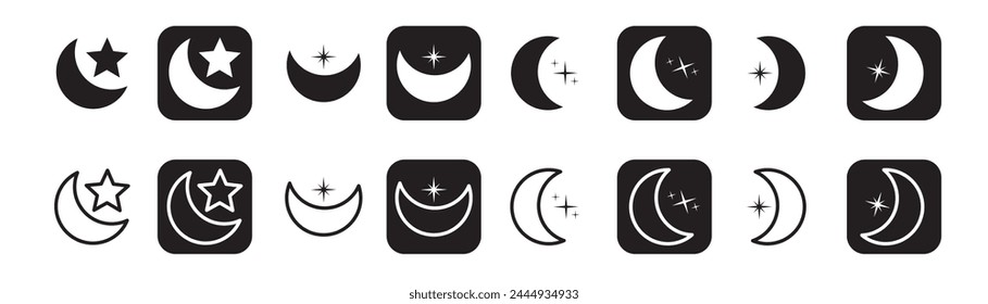 Sun and moon icon vector day and night icon set, Screen brightness and contrast level signs and symbols, dark and light mode icons.