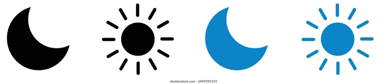 Conjunto de iconos de día y noche de Vector de sol y luna. iconos de modo de luz y oscuridad, brillo de pantalla y signos y símbolos de nivel de contraste.