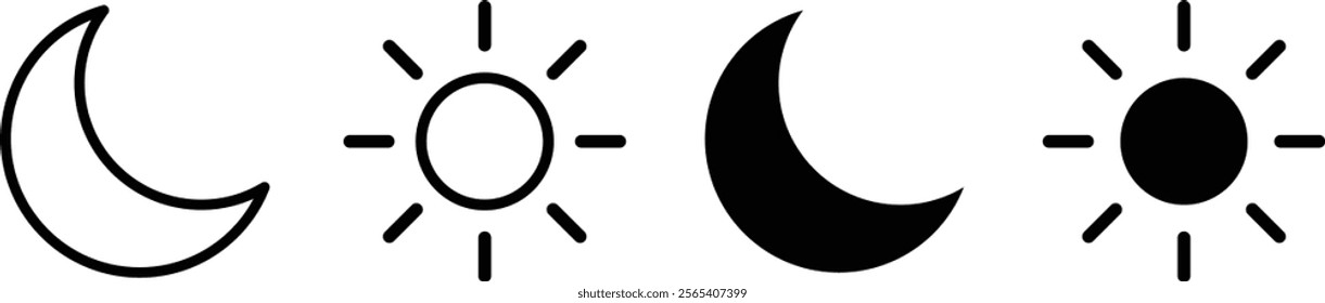 Sun and moon icon vector day and night icon set. dark and light mode icons , Screen brightness and contrast level signs .Sunset, sun, moon icons. Vector illustration