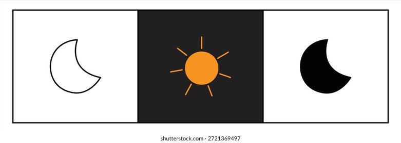 Ícones do sol e da lua vetor ícone do dia e da noite definido. ícones do modo escuro e claro, brilho da tela e sinais de nível de contraste e símbolos para o usuário do aplicativo, isolado com fundo branco.