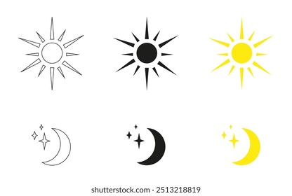 Symbol für Sonne und Mond, Vektorgrafik-Set, schwarz-weiße und gelbe Symbole, Himmelsdesign-Elemente, Sonnenaufgänge, Sonnenuntergänge, Stern, Halbmond-Phasen. Neue Symbolsammlung.