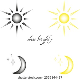 ícone do sol e lua conjunto de ilustração vetorial, símbolos pretos e amarelos, elementos de design celestes, nasce do sol, pôr do sol, estrela, fases de crescente no gradiente de malha. Nova coleção de ícones.