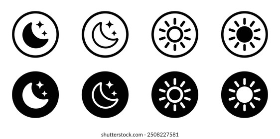 Sun and moon icon vector signs. Day and night line and filled concepts