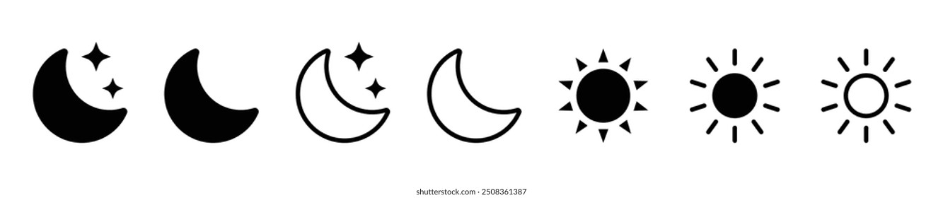 Signos de Vector de icono de sol y luna. Línea de día y noche e iconos llenos