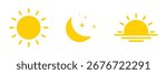Sun moon icon vector symbol, Set of time of the day icon, Sunset silhouette. Day and night icons, sunrise, morning, afternoon sun, sunset, evening, twilight, moon, midnight.