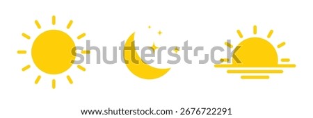 Sun moon icon vector symbol, Set of time of the day icon, Sunset silhouette. Day and night icons, sunrise, morning, afternoon sun, sunset, evening, twilight, moon, midnight.