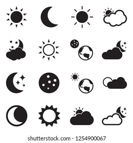 Sun And Moon Icons. Black Flat Design. Vector Illustration. 