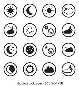 Sun And Moon Icons. Black Flat Design In Circle. Vector Illustration.