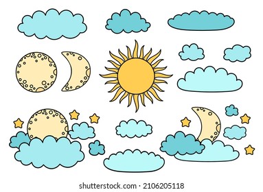 Sun and moon icons. Full moon, sun, stars, clouds, young moon. Cute set of night icons. Night children background. Cartoon sun and moon face. Color pastel heavenly body symbol. Bedtime stories.