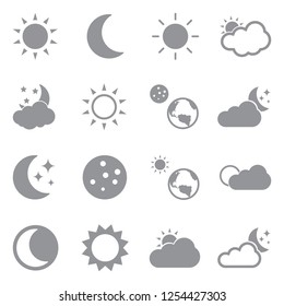 Sun And Moon Icons. Gray Flat Design. Vector Illustration. 