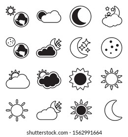 Sun And Moon Icons. Line With Fill Design. Vector Illustration.
