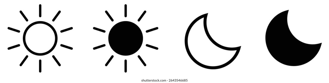 sun and moon icons in minimalist style, representing day and night concepts. perfect for weather, UI, app design and web use. simple, elegant and versatile icons.