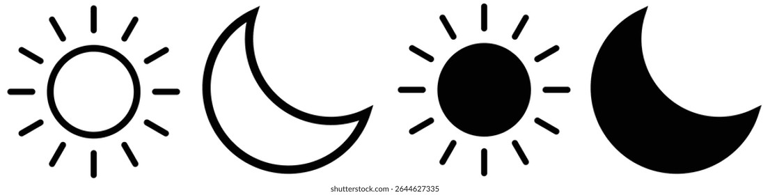 sun and moon icons in minimalist style, representing day and night concepts. perfect for weather, UI, app design and web use. simple, elegant and versatile icons.