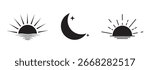 Sun and moon icons set. Dark and light mode symbol. Daytime sunset, sun, moon icon set. Sun and moon icon isolated on white background. Day and night line icon. eps 10