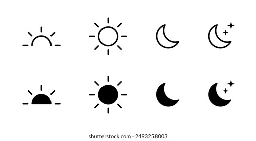 Sun and moon icons set. Dark and light mode symbol. Daytime sunset, sun, moon icon set. Vector