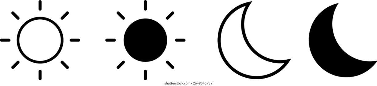 Ícones do Sol e da Lua definidos. ícones nos modos escuro e claro. Sinais de brilho e nível de contraste da tela. Símbolo do ícone Dia e Noite
